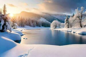 un' nevoso fiume e alberi nel il neve. ai-generato foto