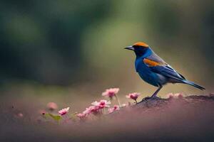 un' blu uccello con giallo becco seduta su un' roccia. ai-generato foto