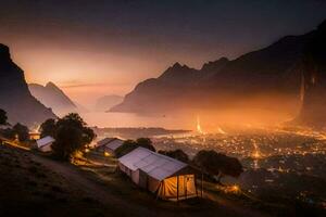 un' Visualizza di il montagne e tende a notte. ai-generato foto