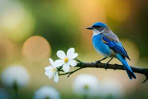 un' blu uccello si siede su un' ramo con bianca fiori. ai-generato foto