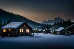 un' nevoso montagna villaggio a notte con un' pochi cabine. ai-generato foto