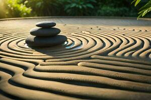 un' zen giardino con pietre e un' stagno. ai-generato foto