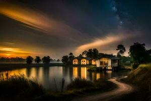 un' Casa su il acqua a tramonto. ai-generato foto