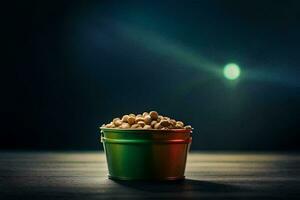 un' verde lattina con arachidi seduta su un' tavolo. ai-generato foto