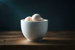 uova nel un' tazza su un' di legno tavolo. ai-generato foto