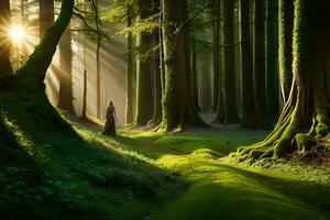 un' donna è a piedi attraverso un' foresta con luce del sole splendente attraverso il alberi. ai-generato foto