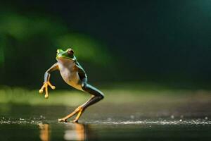 un' rana è in piedi su suo posteriore gambe su un' bagnato superficie. ai-generato foto
