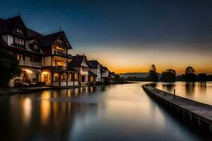 un' Casa su il acqua a tramonto. ai-generato foto