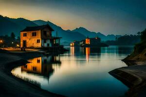 un' Casa su il acqua a tramonto. ai-generato foto