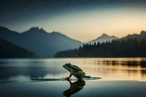 un' rana è in piedi su il bordo di un' lago a tramonto. ai-generato foto