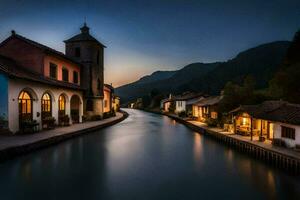 un' fiume corre attraverso un' cittadina a crepuscolo. ai-generato foto