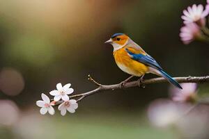un' uccello si siede su un' ramo con fiori. ai-generato foto