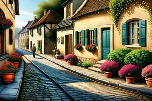 un illustrazione di un' strada con fiori e un' treno. ai-generato foto
