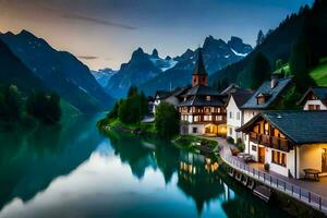 un' bellissimo montagna villaggio con un' lago e montagne nel il sfondo. ai-generato foto