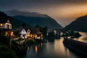 un' fiume corre attraverso un' cittadina a tramonto. ai-generato foto