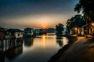 un' fiume a tramonto con case su il costa. ai-generato foto