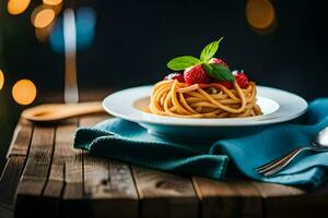 spaghetti con frutti di bosco su un' piatto. ai-generato foto