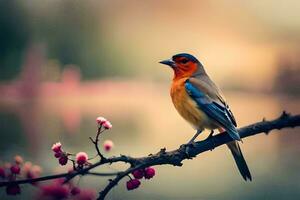 un' uccello seduta su un' ramo con rosa fiori. ai-generato foto
