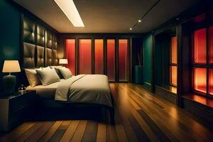 un' Camera da letto con un' letto e di legno piani. ai-generato foto