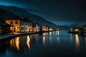 foto sfondo il cielo, notte, montagne, case, lago, il notte, il montagne,. ai-generato