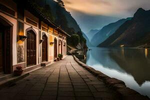 un' lungo passerella conduce per un' lago e montagne. ai-generato foto