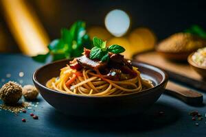 spaghetti con carne e verdure nel un' ciotola. ai-generato foto