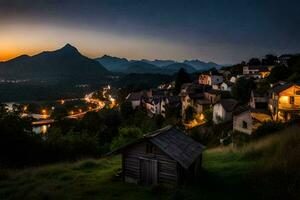 un' piccolo villaggio a tramonto con montagne nel il sfondo. ai-generato foto