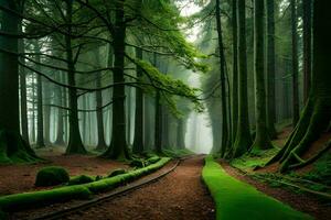 un' foresta sentiero è circondato di alto alberi. ai-generato foto