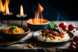 spaghetti con carne e verdure su un' di legno tavolo. ai-generato foto