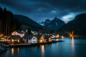 un' lago e case nel il montagne a notte. ai-generato foto