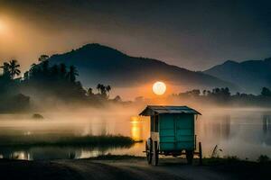 un' piccolo carrello si siede su il riva di un' lago a Alba. ai-generato foto