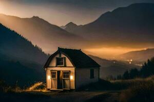 un' piccolo Casa nel il montagne a tramonto. ai-generato foto