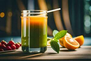 un' bicchiere di verde succo con fragole e menta. ai-generato foto