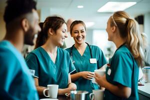 medici e medico personale nel il ricreazione camera siamo parlando e potabile caffè. ai generativo foto