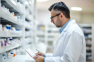 farmacista controlli medicinali su un' mensola nel un' farmacia. ai generativo foto