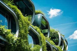 eco-friendly edificio nel il moderno città. sostenibile bicchiere ufficio edificio con albero per riducendo carbonio biossido. ufficio edificio con verde ambiente. aziendale edificio ridurre co2. generativo ai foto