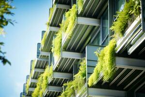 eco-friendly edificio nel il moderno città. sostenibile bicchiere ufficio edificio con albero per riducendo carbonio biossido. ufficio edificio con verde ambiente. aziendale edificio ridurre co2. generativo ai foto