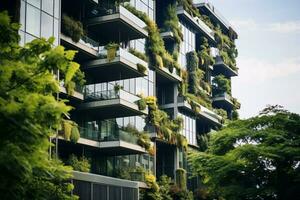 eco-friendly edificio nel il moderno città. sostenibile bicchiere ufficio edificio con albero per riducendo carbonio biossido. ufficio edificio con verde ambiente. aziendale edificio ridurre co2. generativo ai foto