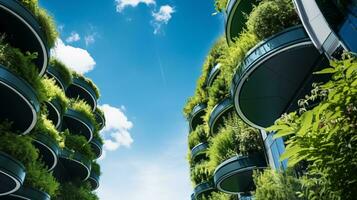 eco-friendly edificio nel il moderno città. sostenibile bicchiere ufficio edificio con albero per riducendo carbonio biossido. ufficio edificio con verde ambiente. aziendale edificio ridurre co2. generativo ai foto