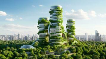 sostenibile verde edificio nel moderno città. verde architettura. eco-friendly costruzione. sostenibile edificio con verticale giardino ridurre co2. futuristico costruzione. netto zero emissioni. generativo ai. foto