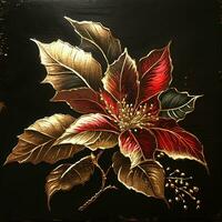 lusso floreale olio la pittura. oro e rosso Natale poinsettia fiore su nero sfondo ai generativo foto