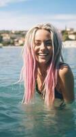 giovane gen z donna nuoto nel mare. bionda e rosa dreads ai generativo foto