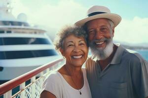 interrazziale anziano coppia di i viaggiatori su crociera nave. stile di vita e viaggio concetto ai generativo foto