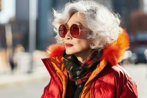 mezzo anziano asiatico donna con grigio capelli, vicino su autunno inverno moda strada ritratto ai generativo foto