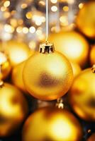 ai generato Natale oro giallo palline vicino su. astratto vacanza decorazioni sfondo foto