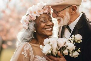 ai generato multirazziale anziano sposa e sposo, primavera nozze, fioritura alberi foto