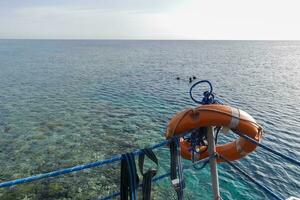salvagente su un' molo con meraviglioso scogliera a il rosso mare foto