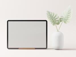 tablet e vaso su sfondo bianco in stile 3d foto