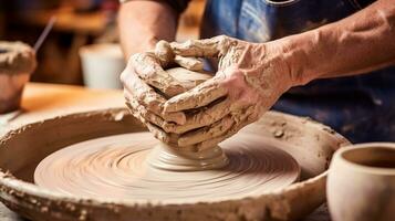 mani Lavorando con argilla su di vasaio ruota, artigianato, tradizionale mestiere making.ai generativo. foto