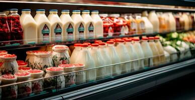 latteria prodotti, latte e formaggio nel un' supermercato, cibo Schermo - ai generato Immagine foto